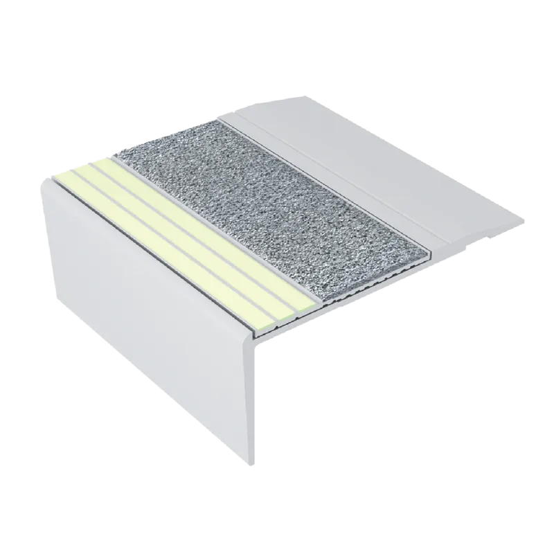 ComposiGrip Ecoglo® F4B161, 3.2" Wide Photoluminescent Flat Stair Nosing | Grey Insert closeup showing grey insert on stair edge