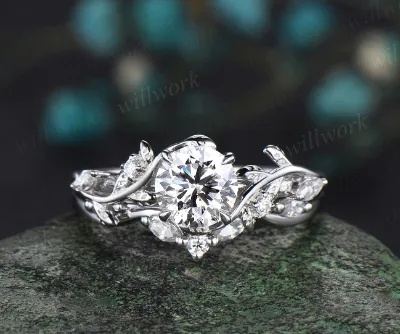 WillWork Jewelry 1ct round cut IGI lab diamond engagement ring branch leaf five stone white gold