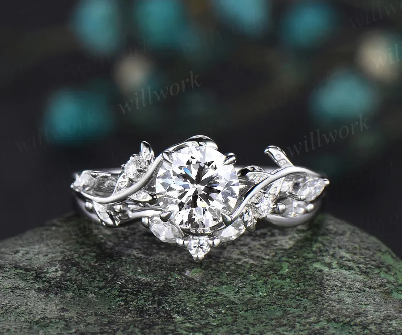 WillWork Jewelry 1ct round cut IGI lab diamond engagement ring branch leaf five stone white gold
