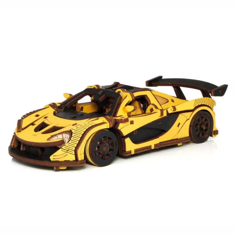 Varvikas 3D Wooden Mechanical Puzzle Kit, Racing Car Yellow (BEW011e) showing vibrant yellow body and dark wood accents