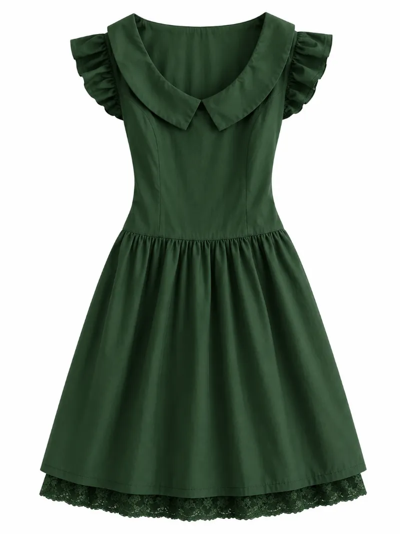 Cottagecore Clothes Dark Green Forestcore Ruffle Dress shown in forest green polyester