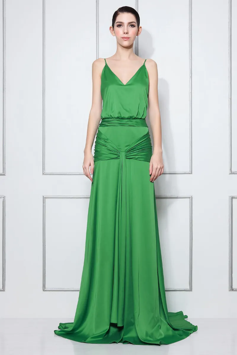 Mislish Atonement Green V-neck Dress Backless Prom Dress, full length with A-line skirt