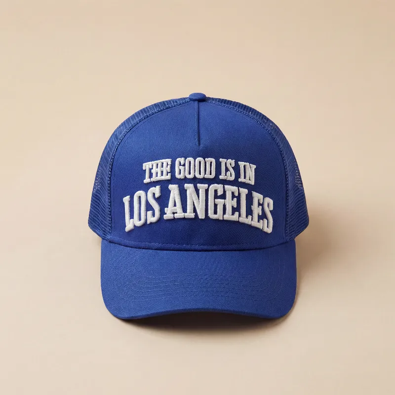 Find The Good Brand The Good Is In LA Hat navy structured snapback with white embroidered Los Angeles text