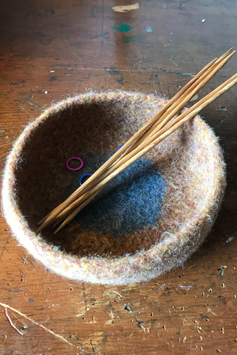 Kristen TenDyke Sigyn's Bowl knitting pattern showing felted bowl before and after
