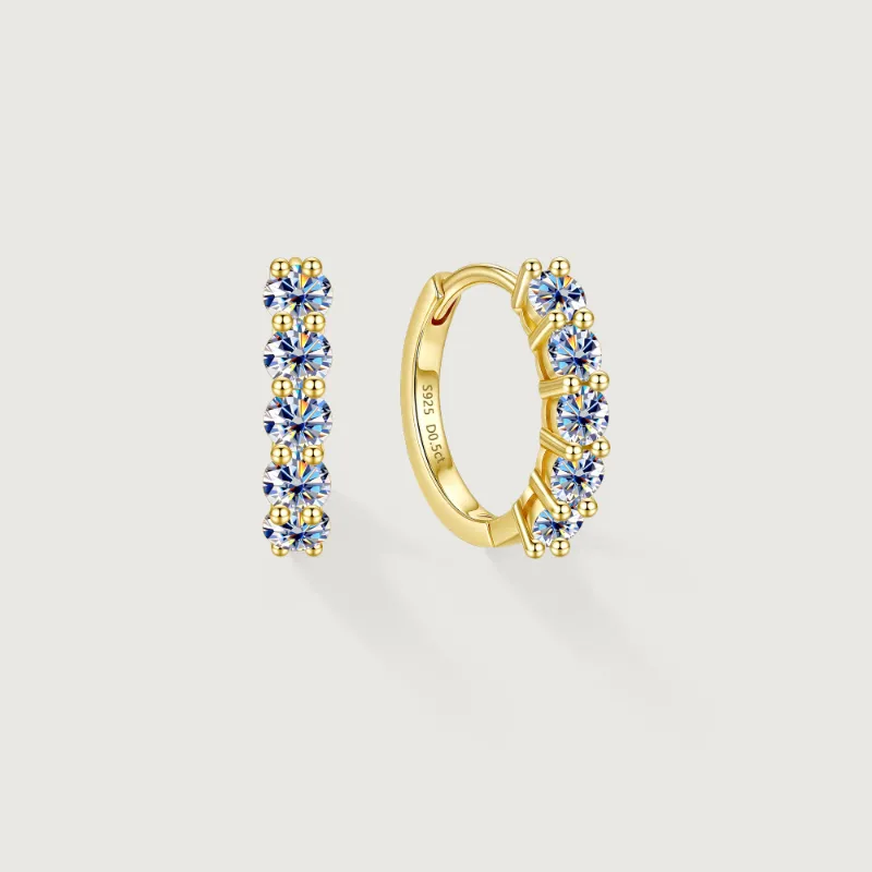 Alexcraft 5-Stone Moissanite Huggie Hoop Earrings showing polished huggie hoops with five round moissanite stones