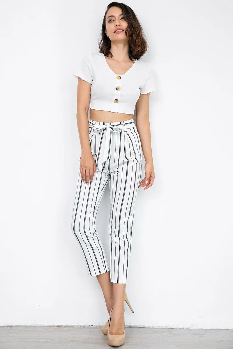 Mislish Black And White Striped Empire Belted Pants, high-waist striped pants with lace-up detail