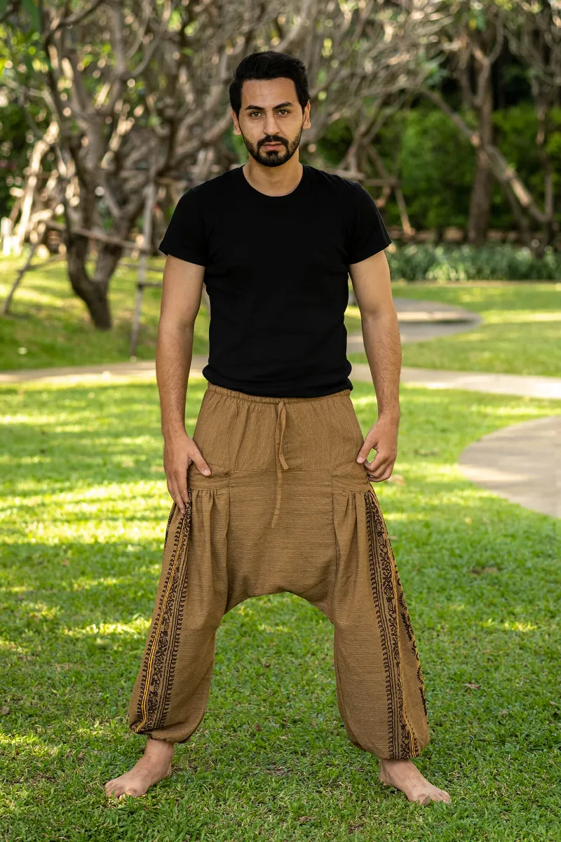 Hippie Pants Beige Vibe Pants, beige cotton pants with ethnic prints and deep side pockets