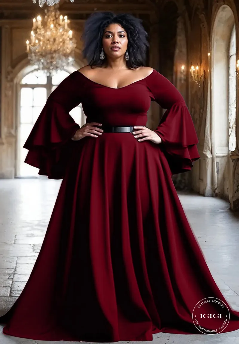 IGIGI Idia Plus Size Evening Gown In Bordeaux, floor-length gown with V-neckline and flounce sleeves