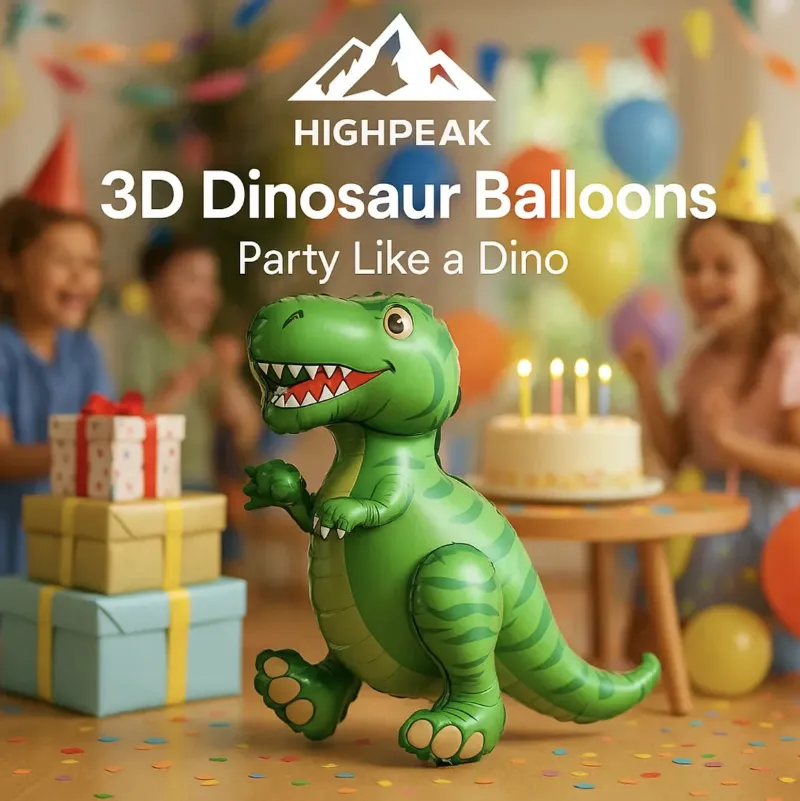 HighPeak 3D Dinosaur Balloons: colorful standing foil dinosaur balloons set up at a party