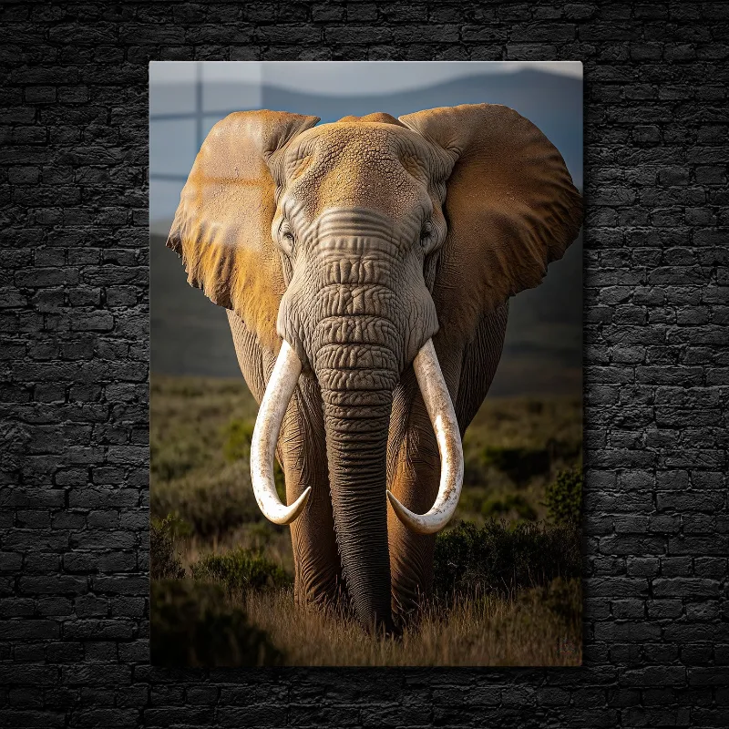 CruArt Majestic Presence metal print, elephant portrait with tusks in natural landscape
