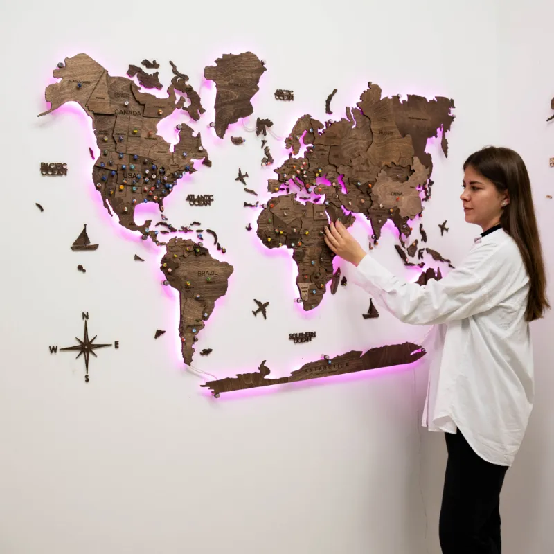 Enjoy The Wood 3D LED Wooden World Map 3.0 Dark Walnut with interactive backlight on wall