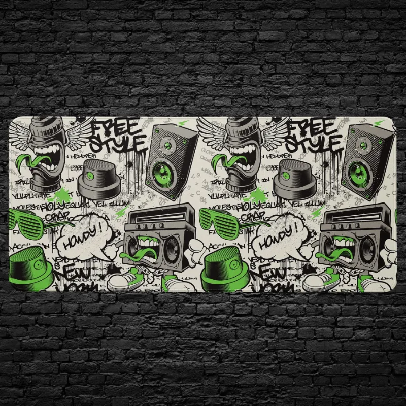 CruArt Graffiti Street Art Desk Mat showing urban hip-hop elements with boom boxes and spray caps