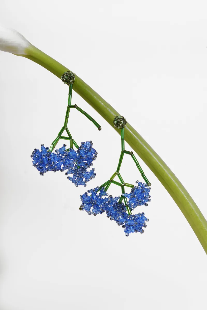 Kalisa Hydrangea Swarovski Crystals and Japanese Glass Branch Earrings, close-up of crystal and glass details