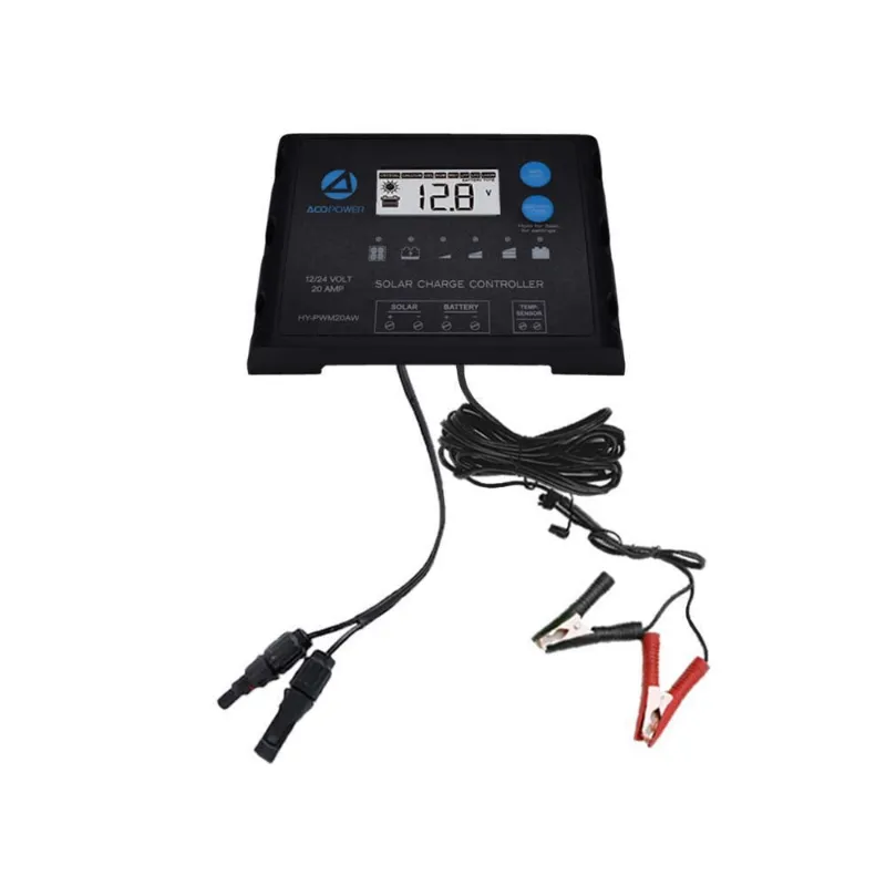 ACOPOWER ProteusX 20A PWM Charge Controller with alligator clips and solar connector cables