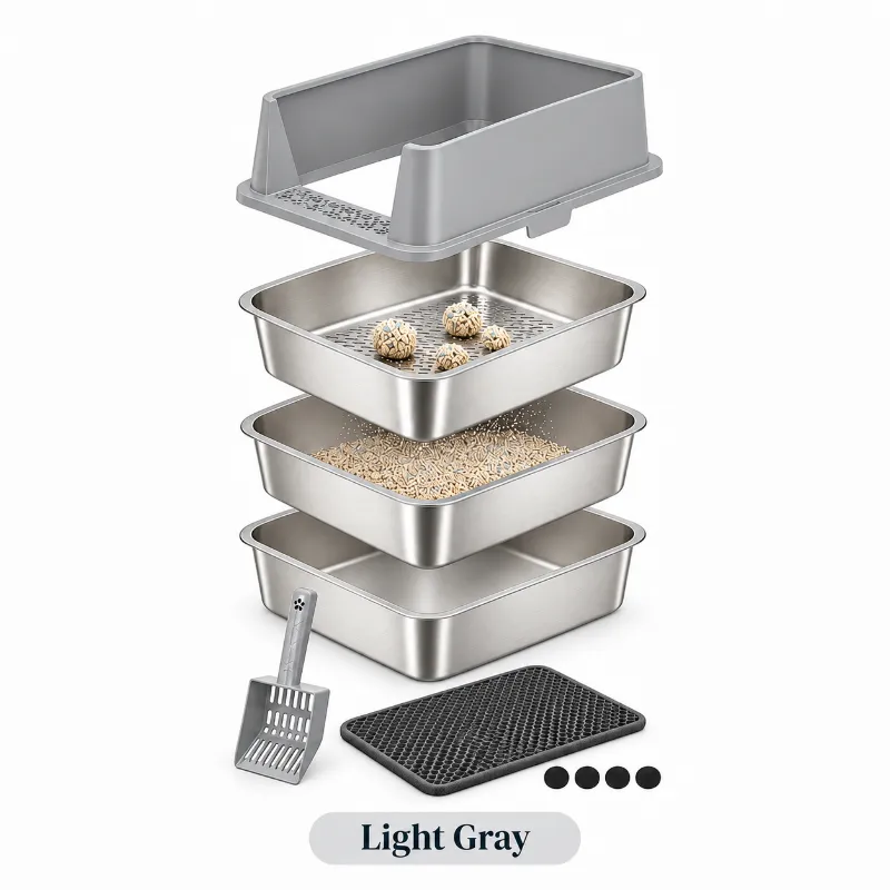 4FurBaby XXL Stainless Steel Sifting Litter Box 3-Pan System with two base pans, sifter, high sides, scoop and mat