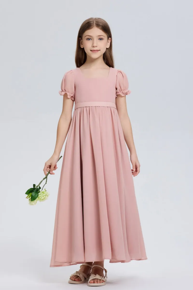 Wehilion Lovely Bows Square Neck Chiffon Flower Girl Dress, an ankle-length gown with pleated bodice and bow detail