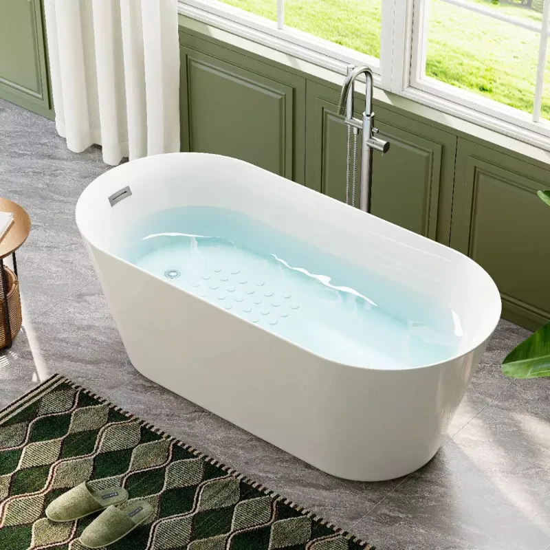 HOROW 59 Inch Brushed Nickel Freestanding Bathtub with Integrated Overflow and Drain