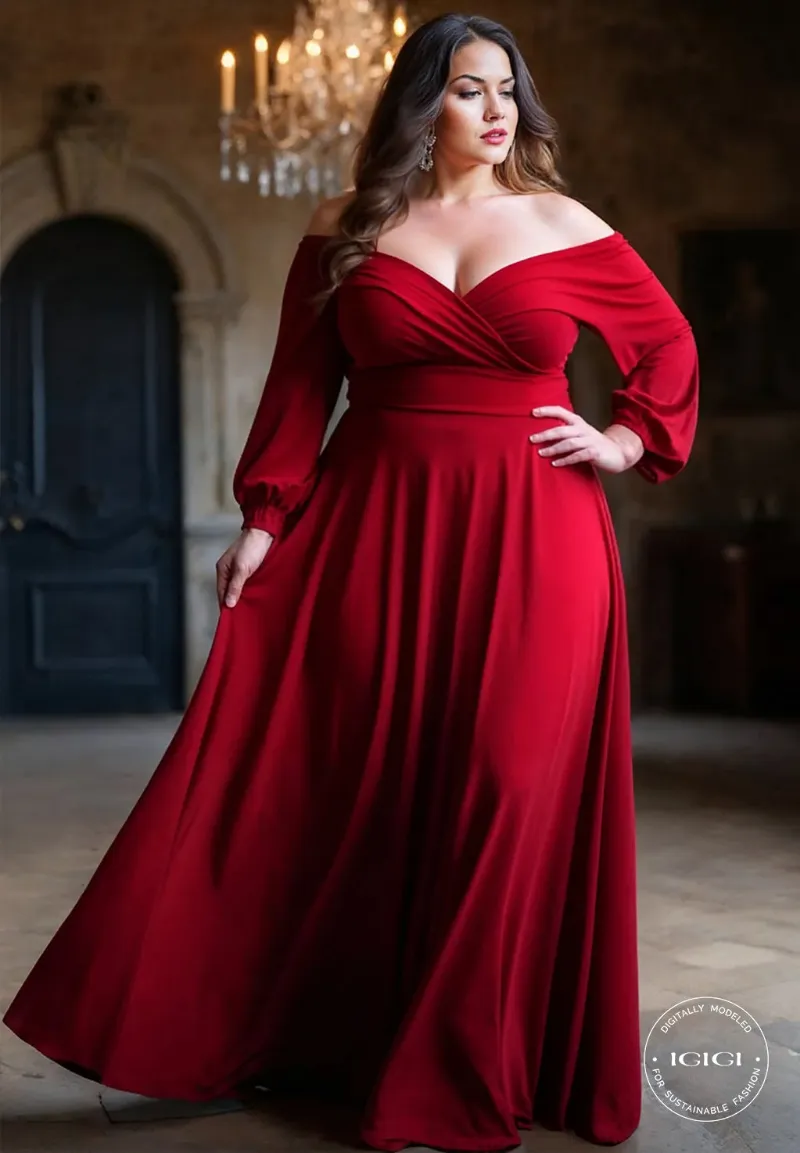 IGIGI Tomyris Plus Size Evening Dress in Deep Red, a custom couture evening gown