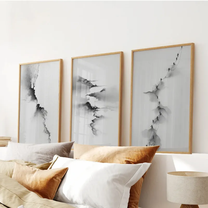 Wall Art Set Abstract Mountain 3 Piece Wall Art. Black White Minimalist showing three black and gray misty mountain landscape prints