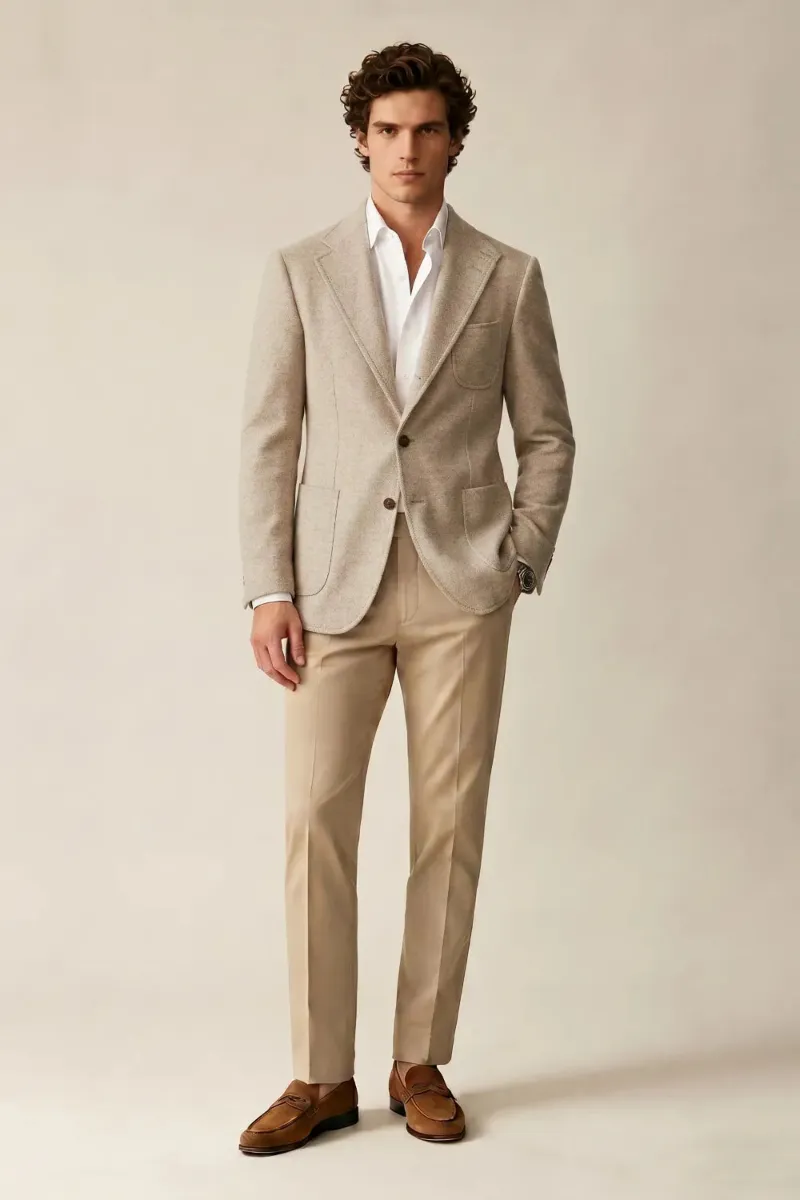 Wehilion Men's Beige Notch Lapel Herringbone 2-Piece Suit showing the textured beige weave.