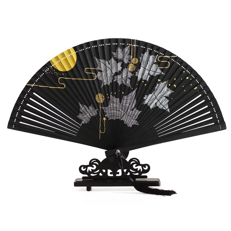 Foxtume Japanese Folding Fan Maple Leafs, a black bamboo fan with painted maple leaves and moon