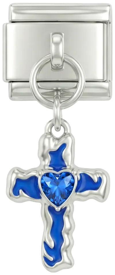 Charms Official Blue Cross with Heart on Silver charm showing combined cross and heart design