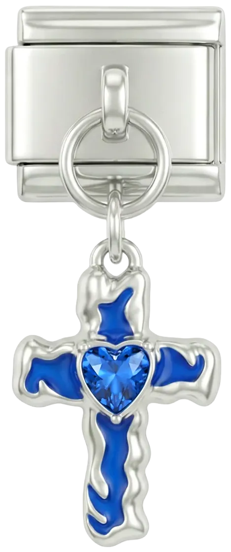 Charms Official Blue Cross with Heart on Silver charm showing combined cross and heart design