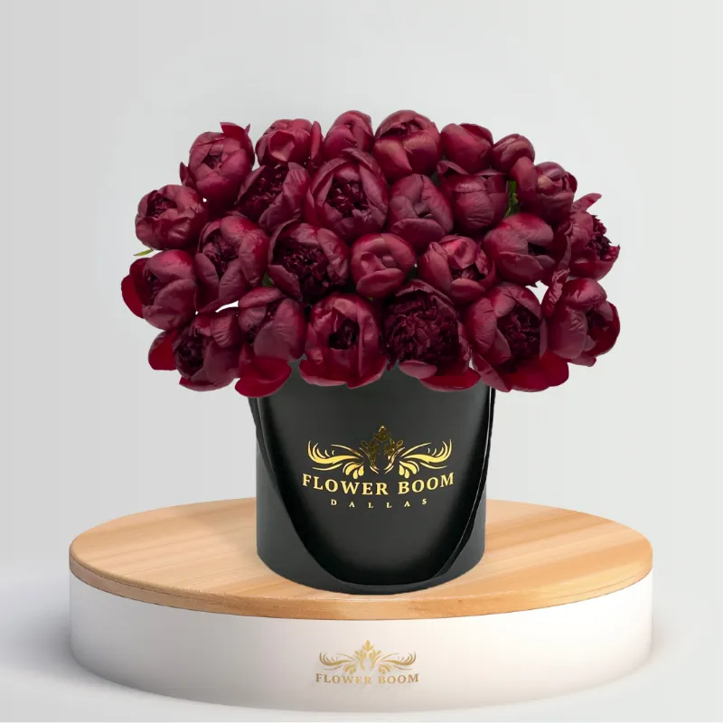 Flower Boom Dallas Red Peonies In A Box with fresh burgundy red peonies