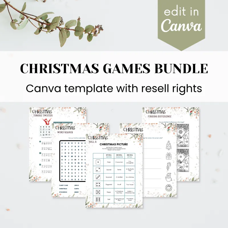 Purpose PLR Christmas Games Bundle Template showing 15 festive pages
