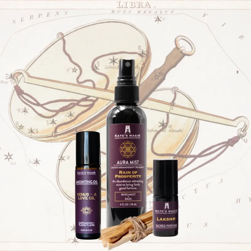 Kates Magik Libra Zodiac Gift set with anointing oil, aura mist, perfume and palo santo
