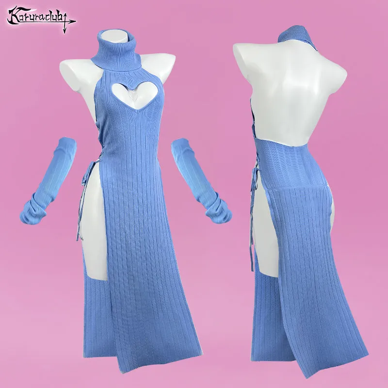 Koruraclub Blue Heart-Shaped Cheongsam MG28 in knit fabric with detachable sleeves