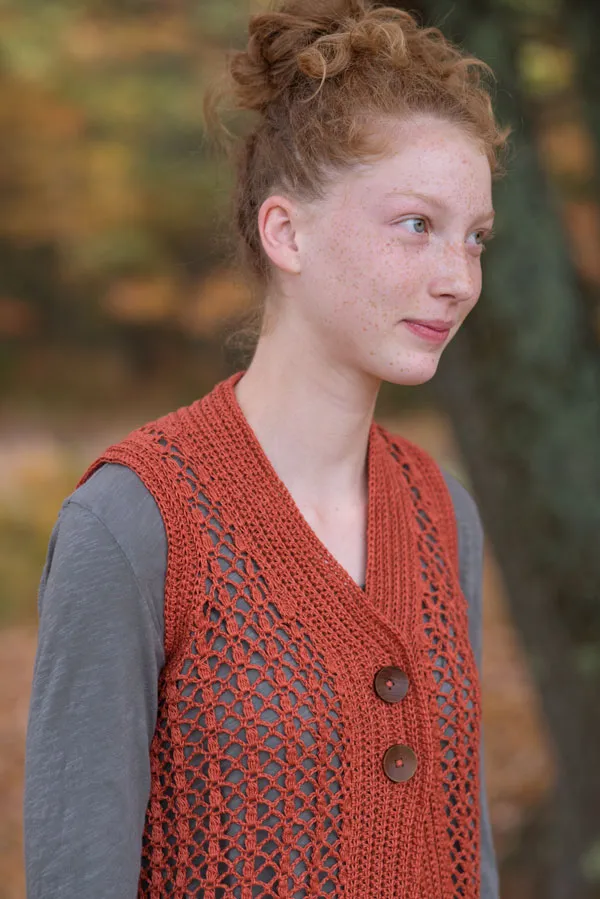Kristen TenDyke Kaya Vest in organic linen with ribbed texture and button detail