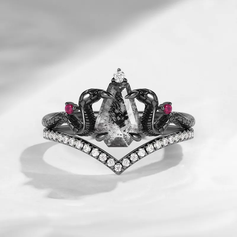 Starlandus Serpent's Embrace gothic coffin cut Herkimer diamond engagement ring set with snake design
