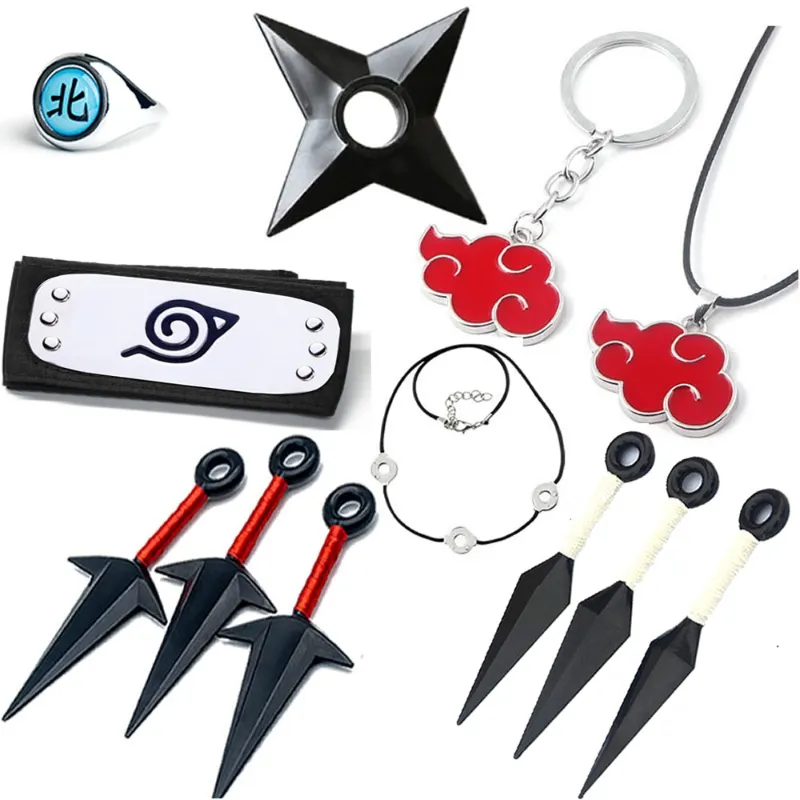 Animeancy Anime Naruto Cosplay Props Set showing headbands, rings, necklaces, kunai, and shuriken accessories