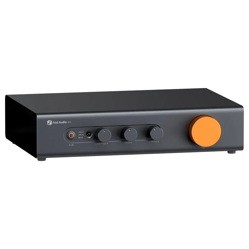 Fosi Audio ZP3 Preamplifier showing front panel controls and connectivity options