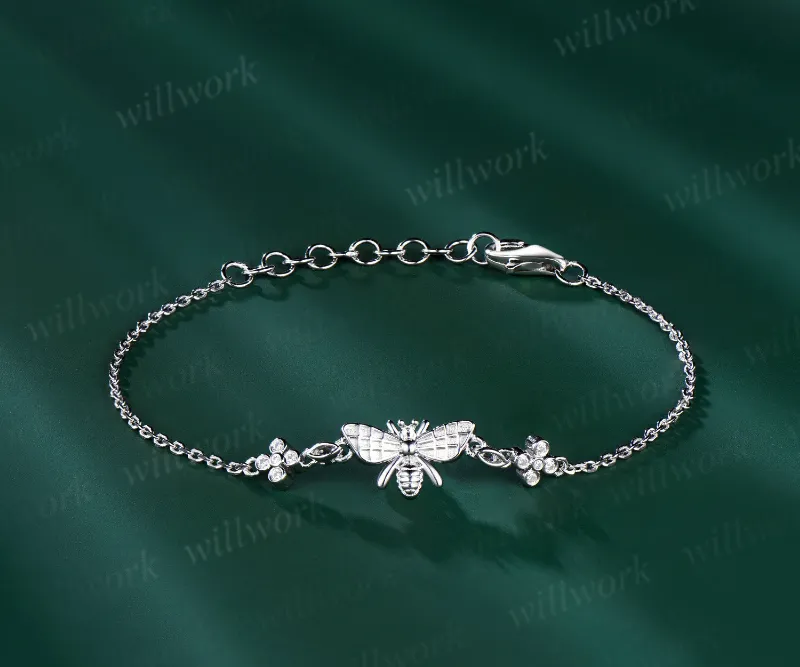 WillWork Jewelry 18k solid white gold Bee Bracelet with moissanite flowers, bee charm on adjustable chain