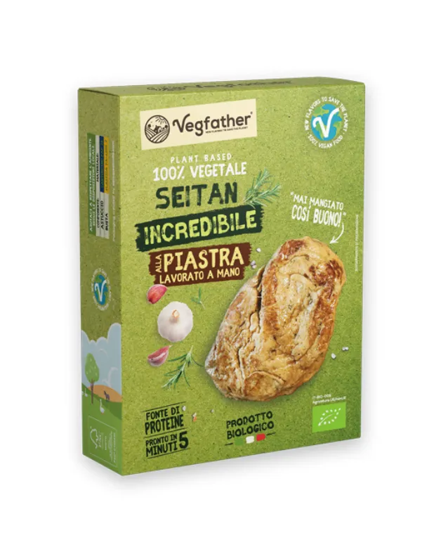 Vegaliano Roasted Seitan package, golden-brown cooked seitan