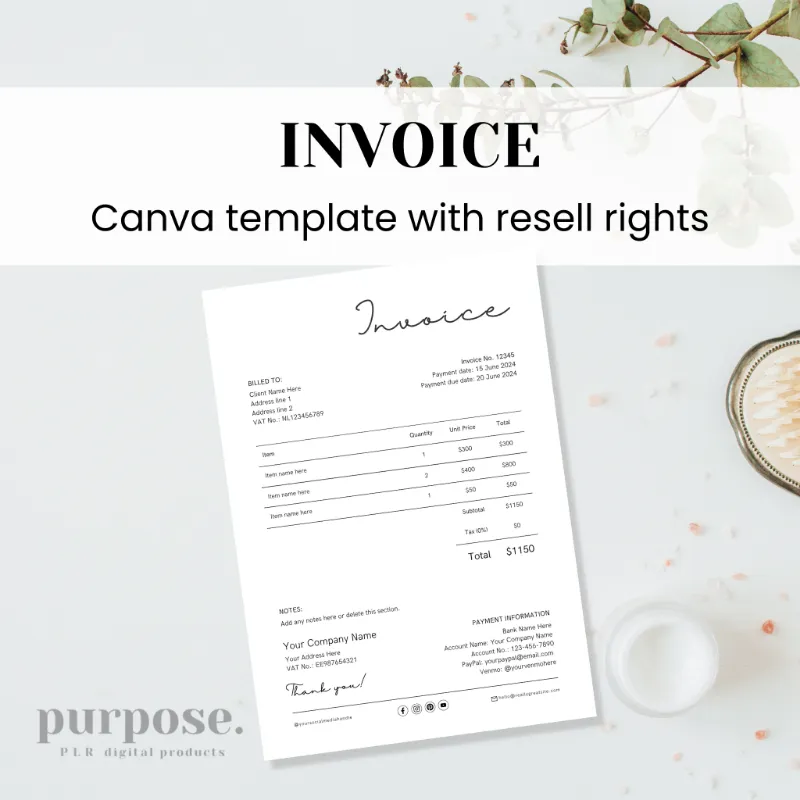 Purpose PLR Invoice Template showing clean minimalist layout in Canva