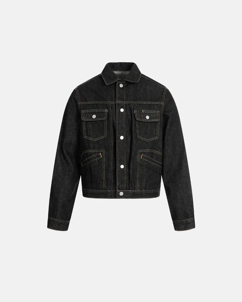 INFLATION Black Multi Pockets Denim Jacket with boxy silhouette and contrast stitching