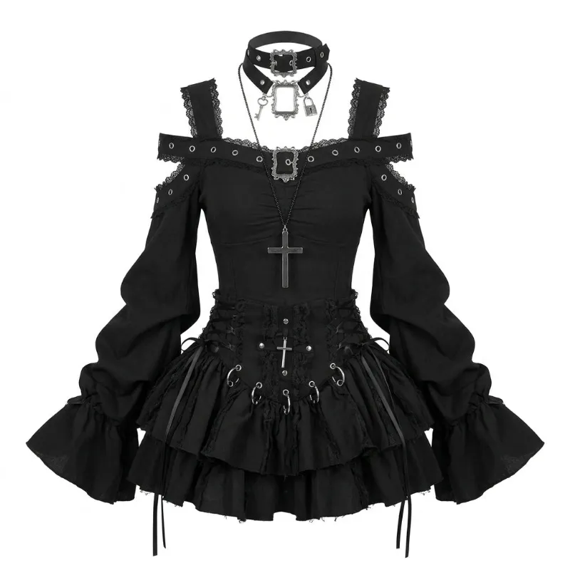 Shoptery Jirai Kei Black Gothic Cross Lace Cold-Shoulder Mini Dress Set with off-shoulder top and pleated skirt