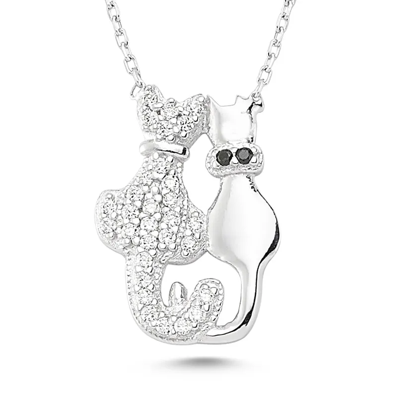 Amorium Jewelry Dainty Twin Cats Silver Necklace Pendant, showing two seated cats on delicate silver chain