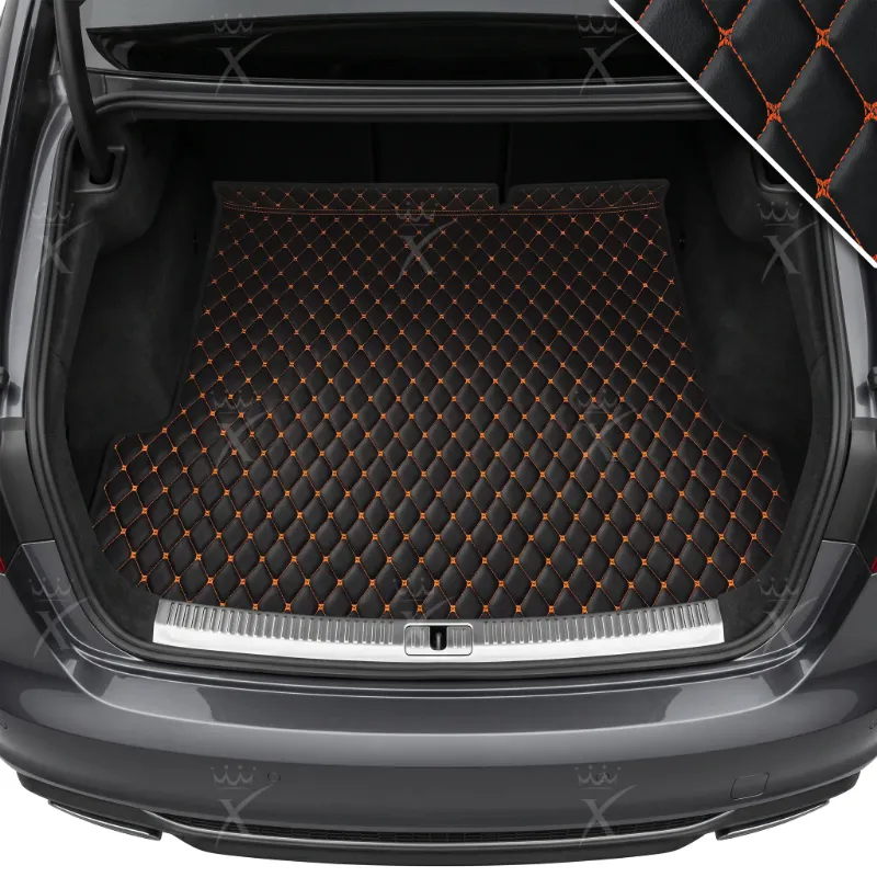 Luxus Car Mats Diamond Base trunk mat with black and orange diamond stitching fitted in a car cargo area