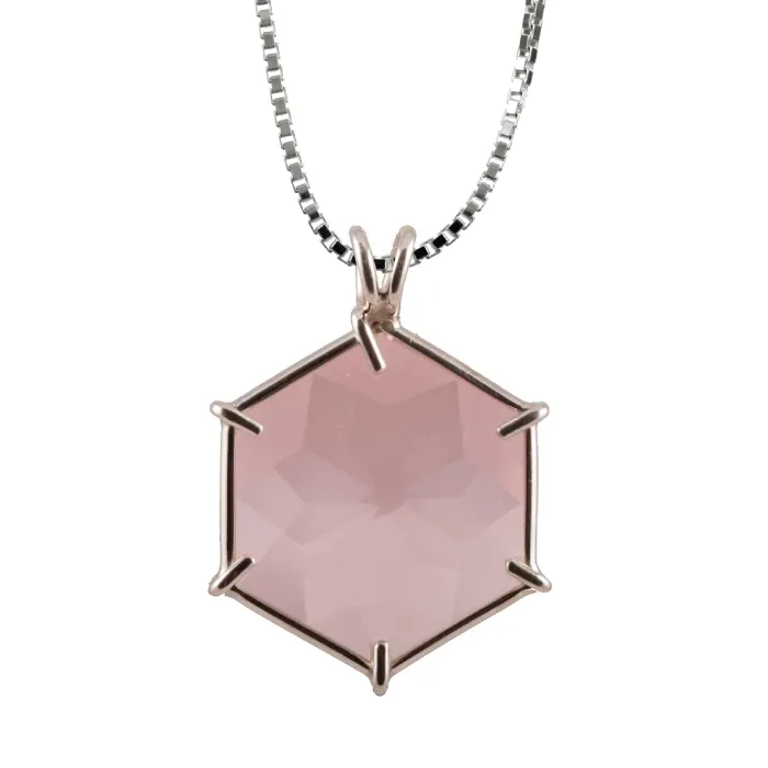 VOLTLIN Rose Quartz Flower of Life Chain Pendant in sterling silver frame