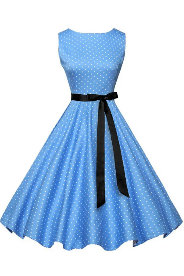 Mislish Blue Polka Knot Sleeveless Belted Dress, front view