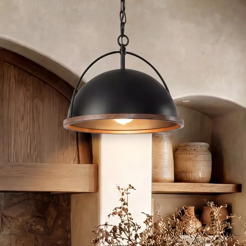 Tribesigns 13 inch pendant light with matte black shade and wood grain trim