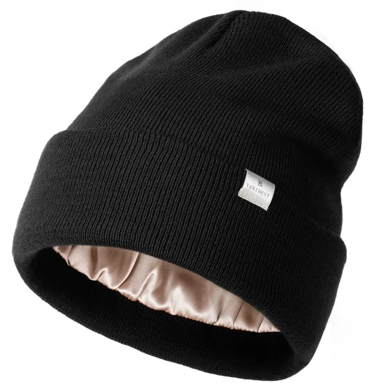 Yanibest black butter satin lined knit beanie with satin lining