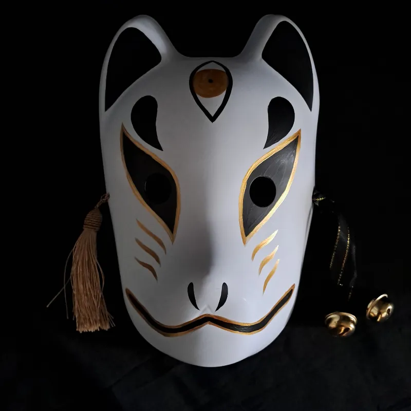 Foxtume Kitsune Mask - Golden Eye hand-painted white fox mask with gold third eye on forehead