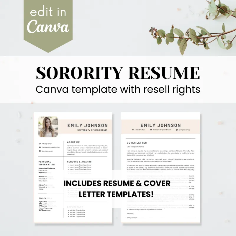 Purpose PLR Sorority Resume Template, Canva document with resume layouts