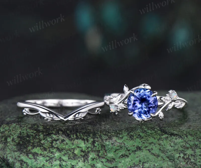 WillWork Jewelry 1ct tanzanite engagement ring with branch and leaf opal accents in white gold