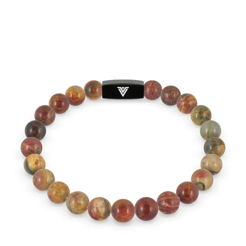 VOLTLIN Red Creek Jasper Stretch Bracelet on clear elastic cord with silver logo bead